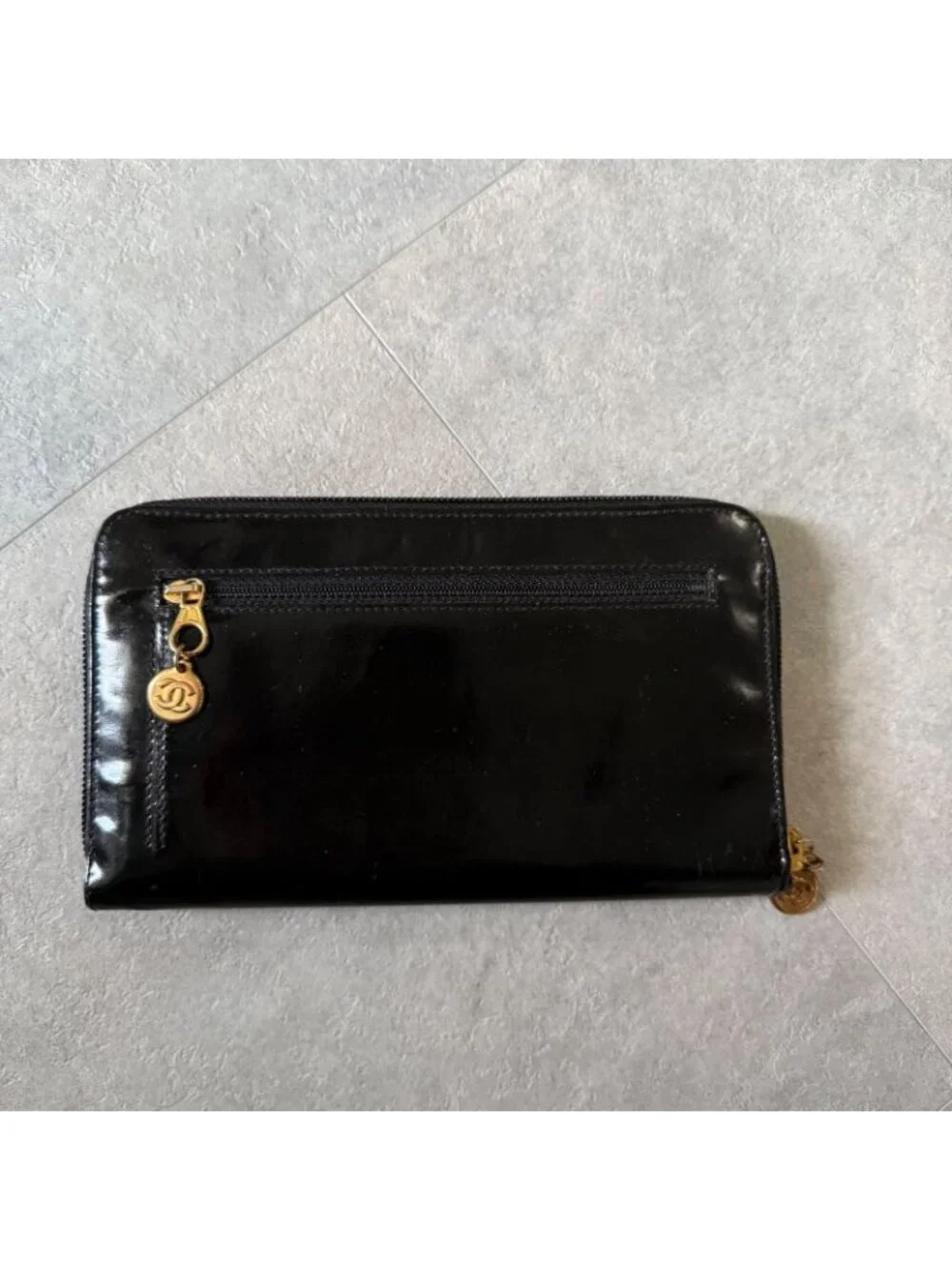 Chanel Round Zipper Long Wallet Coco Patent Leather Decacoco Black